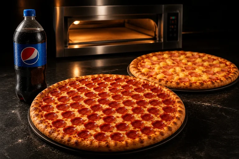 Promoción de Noi Pizzería con dos pizzas medianas y gaseosa de un litro por 12 dólares con 99 centavos